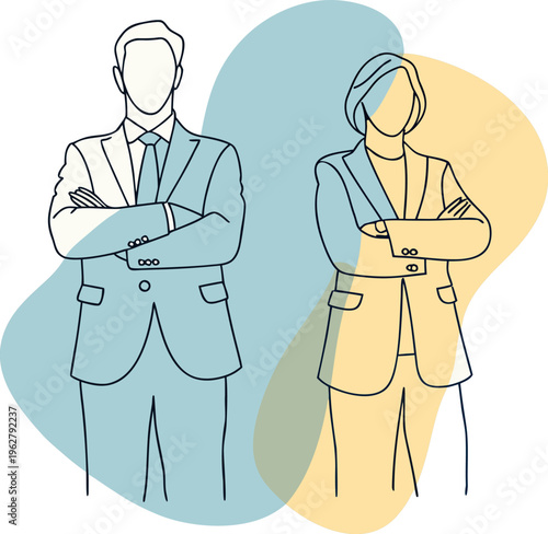 A pair of confident professionals standing with arms crossed in stylish business attire showcasing modern corporate presence and poise through minimalist line art
