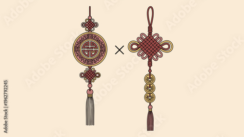 Traditional chinese knots featuring ancient coins and symbolic medallions with decorative silk tassels for good luck and prosperity.