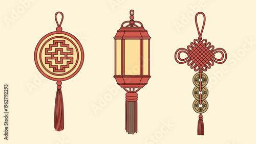 Set of traditional chinese decorative items including ornamental knots and a paper lantern for festive celebrations and home decor.