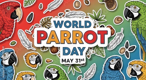 World Parrot Day Scrapbook Typography Design – Colorful Papercut Collage Illustration with Parrots