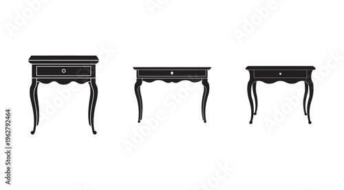 Three black wooden nightstands with drawers and curved legs in different angles  furniture pieces for home decor and interior design