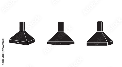 Three different kitchen range hood designs with chimney and various control buttons on white background  kitchen appliances