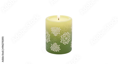Green Gradient Pillar Candle with White Floral Decal and Lit Flame