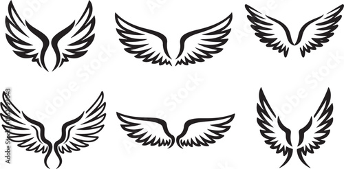 Set of black wing icons on white background illustration