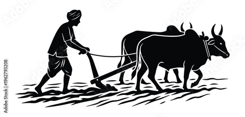 Asian Indian Farmer Plowing Field Icon Silhouette vector black design on a white background