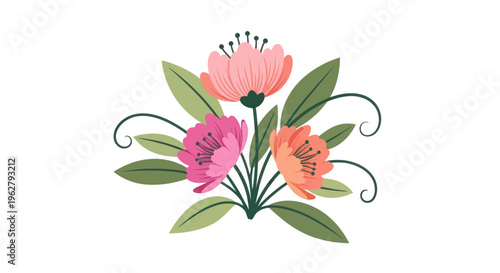 Colorful flowers with green leaves bloom.