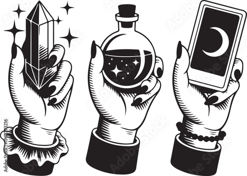 Mystic hands holding crystal, potion bottle, and tarot card in silhouette against transparent background