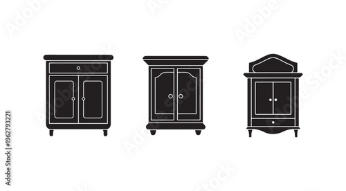 Three different types of wardrobes with two doors and one drawer cabinet furniture pieces  modern and classic designs  home decor and furniture concepts