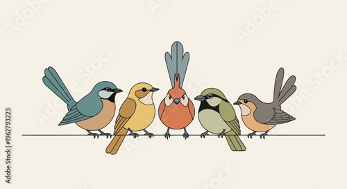 Colorful birds sitting on wire together.