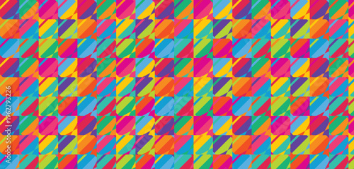 Seamless geometric abstract pattern, vibrant colorful diagonal stripes background. Bright pink, orange, yellow, green, blue, purple modern retro grid design.