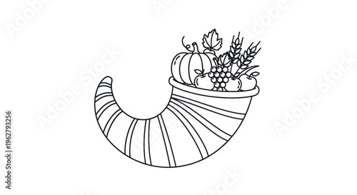 Abundant cornucopia filled with fruits vegetables.