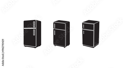 Three different types of refrigerators with white outlines on a plain white background for kitchen appliance icons  refrigerator designs  kitchen essentials