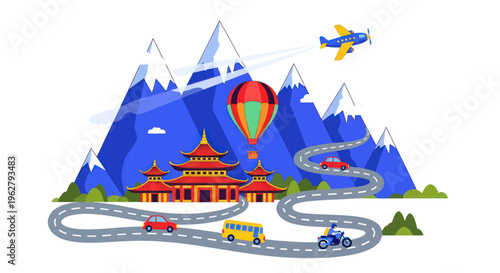 Colorful toy vehicles on road track.