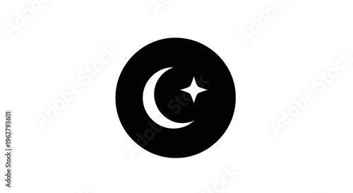 Crescent moon and star icon in black circle, night symbol