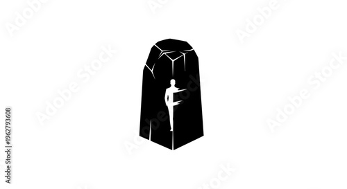 Silhouette of person emerging from cracked stone monolith, concept of transformation and rebirth