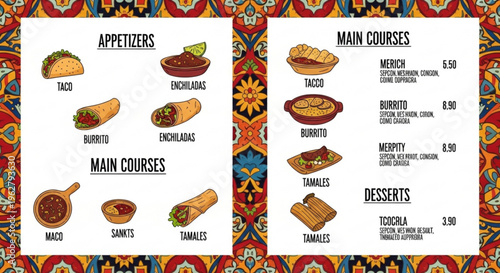 Mexican restaurant menu with appetizers main courses and desserts featuring tacos burritos and traditional dishes on a colorful patterned background
