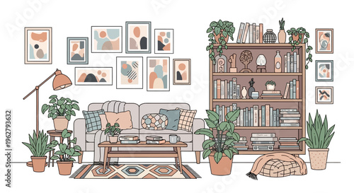 Cozy Living Room Scene with Sofa and Bookshelf.