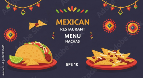 Vibrant mexican restaurant menu with tacos and nachos on red plates decorated with colorful lanterns and festive designs on a dark background