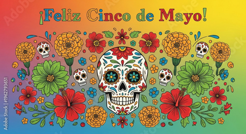 Vibrant cinco de mayo celebration with sugar skull and colorful flowers on rainbow background