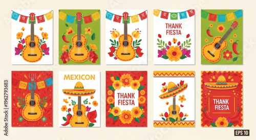 Vibrant mexican fiesta cards with guitars sombreros and flowers for party invitations and celebrations