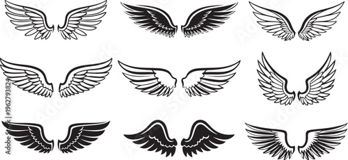 Collection of various black and white wing illustrations designs