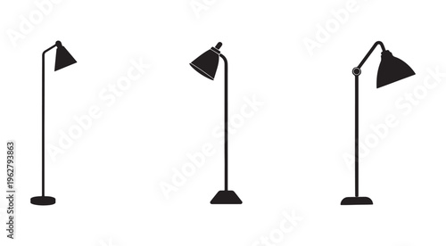 Three modern adjustable standing lamps with different head positions and sleek designs for indoor lighting  home office or living room decor