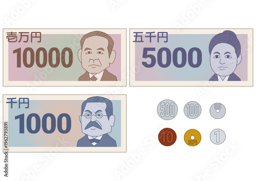 シンプルでコミカルな日本円の通貨　紙幣と硬貨のセット