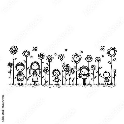 Children standing in a field of flowers smiling and happy simple line drawing black and white illustration for kids educational decorative joyful atmosphere people plants flowers