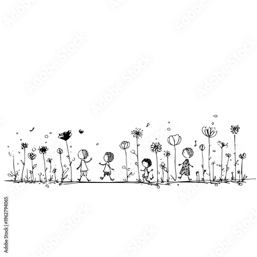 Children walking in a field of flowers and dandelions on a sunny day simple line drawing illustration