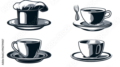 Monochrome illustration featuring various coffee cups, a chef hat, and a fork on white background