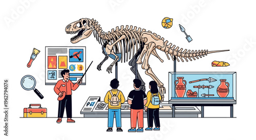 Dinosaur skeleton exhibit with children and guide.