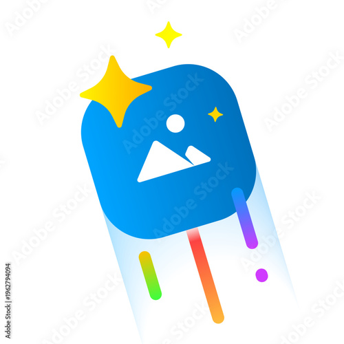 Modern vector illustration of photo upload interface. image icon, colorful motion lines, sparkles. adding, uploading, or inserting images in digital platforms. media management, content creation