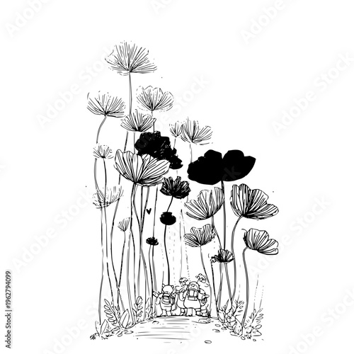 Detailed illustration of tall dandelions with fluffy seeds on a white background black and white artwork
