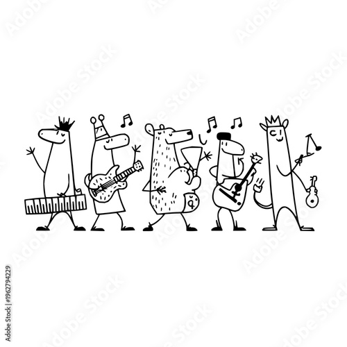 Cartoon animals play music together in a fun band with guitar keyboard and saxophone happy and lively scene