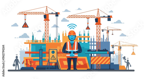 Construction worker using drone technology on site.