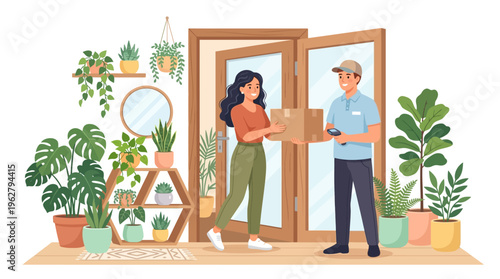 Delivery person hands package to woman at home.