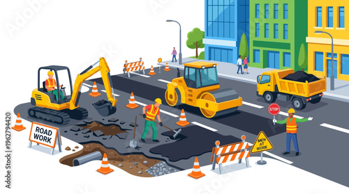 Construction workers and heavy machinery repairing city road.