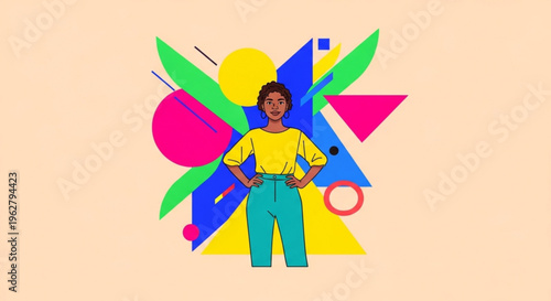 Confident young person standing in front of vibrant geometric shapes and colorful abstract background