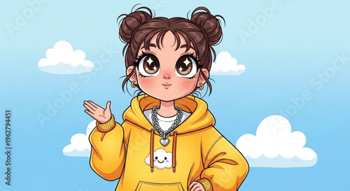 Cute cartoon girl in yellow hoodie gesturing with hand against blue sky background with white clouds