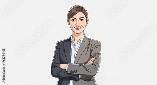 Confident businesswoman with arms crossed standing in a professional setting with a friendly smile on her face