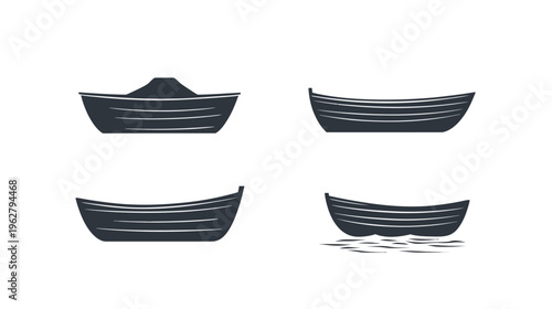 Four stylized, dark gray boat illustrations set on a white background. Each boat is unique