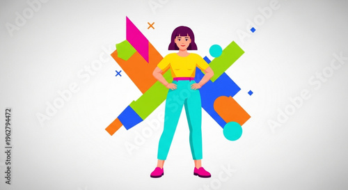 Confident woman standing with colorful abstract shapes and crayons creative inspiration concept