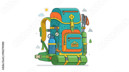 Detailed Illustration of a Colorful Hiking Backpack with Accessories.