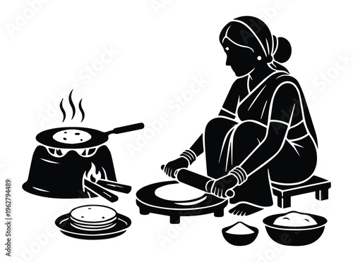 Indian Woman Making Roti Bread Icon Silhouette vector black design on a white background