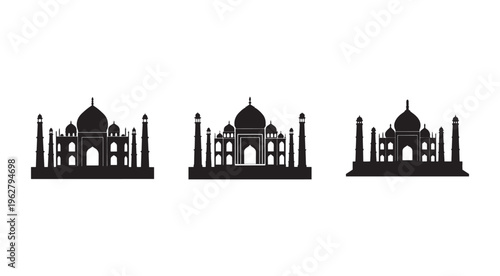 Three silhouettes of the Taj Mahal monument in India  famous historical building architecture  iconic symbol of love and beauty  cultural heritage site  tourist attraction  travel destination