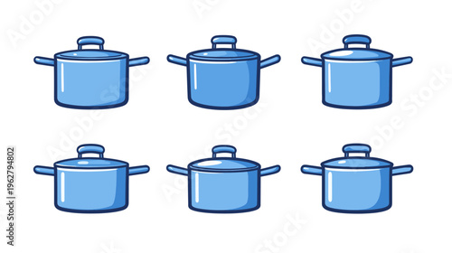 A collection of six blue cartoon-style cooking pots, each with a lid and handles