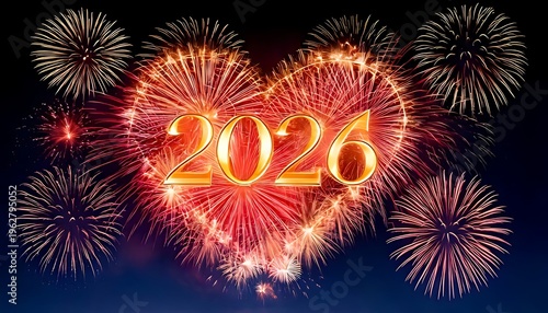 A festive depiction of the year 2026, gold numerals, surrounded by a heart-shaped firework display against a night sky
