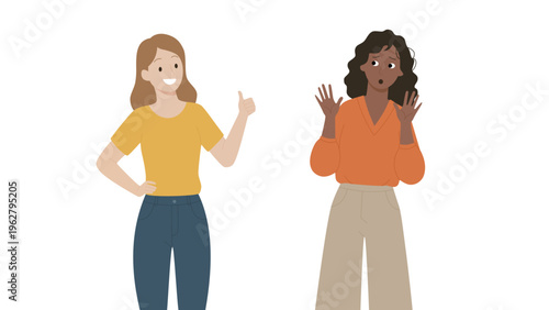 Woman giving thumbs up while her friend looks shocked and confused, communication and contrast of emotions illustration.