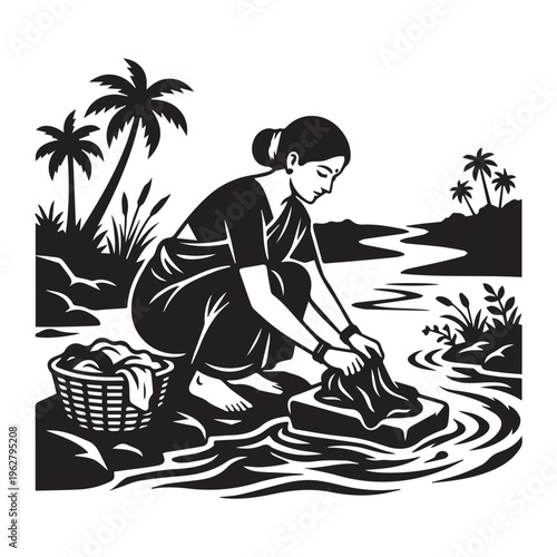 Indian Woman Washing Clothes By River Icon Silhouette vector black design on a white background