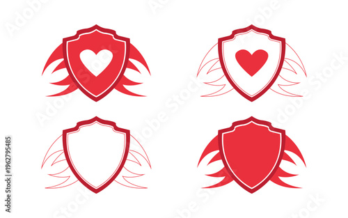 Collection of red shield icons with heart and wing designs on white background
